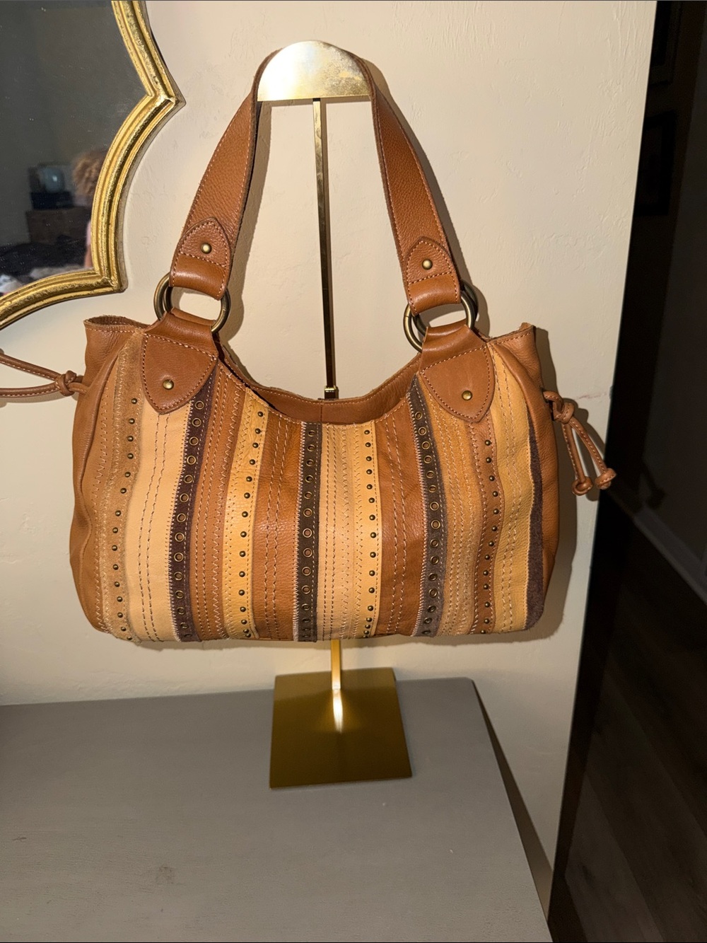 Fossil Multi-Tone Striped Leather Shoulder Bag in Tan and Brown